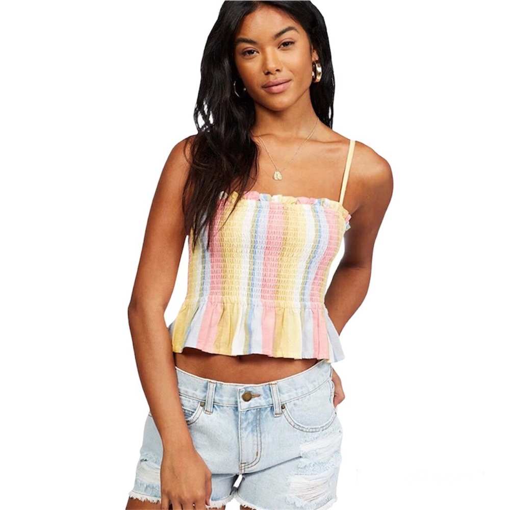 Billabong Keep Your Cool Multi Color Striped Smocked Ruffled Top Size L NEW